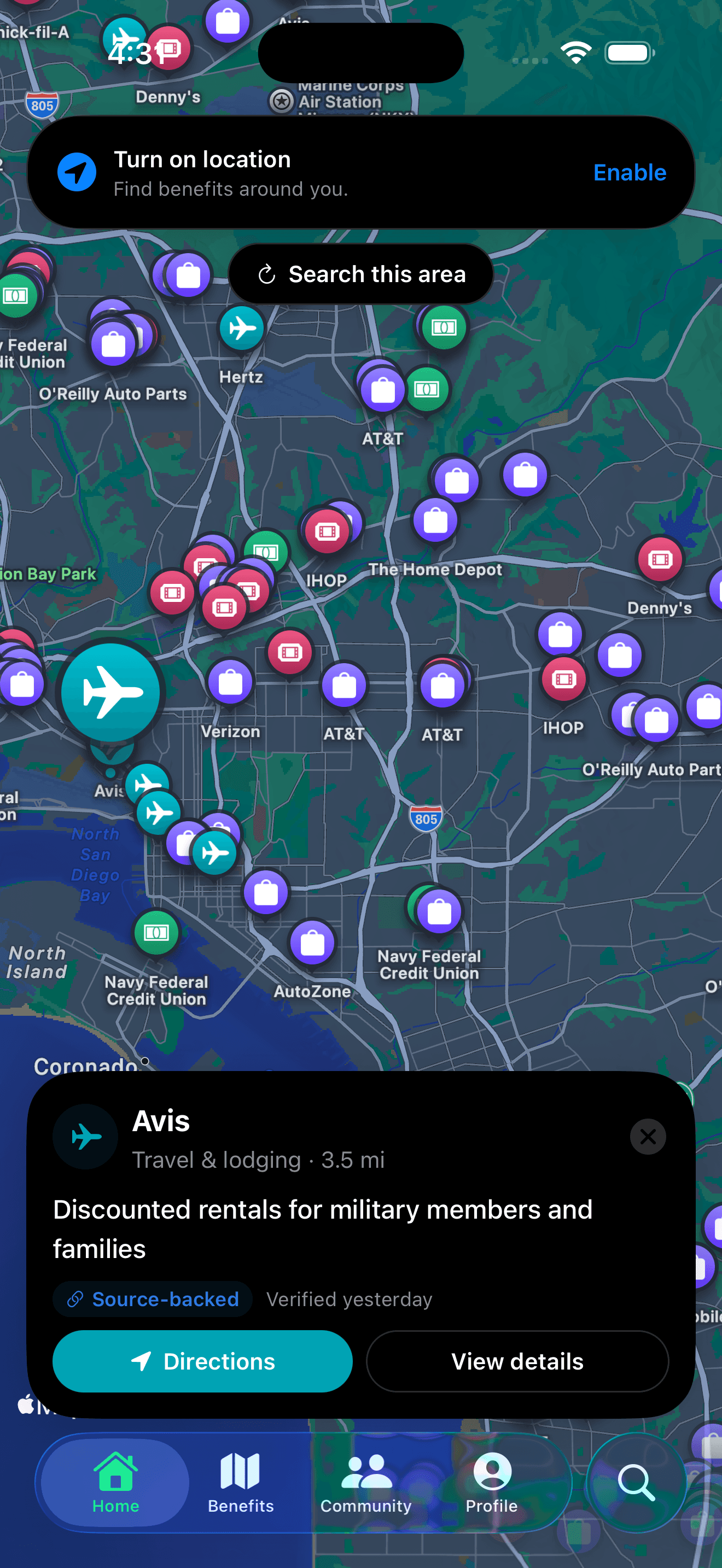 BenefitRecon showing military discounts on a map near you