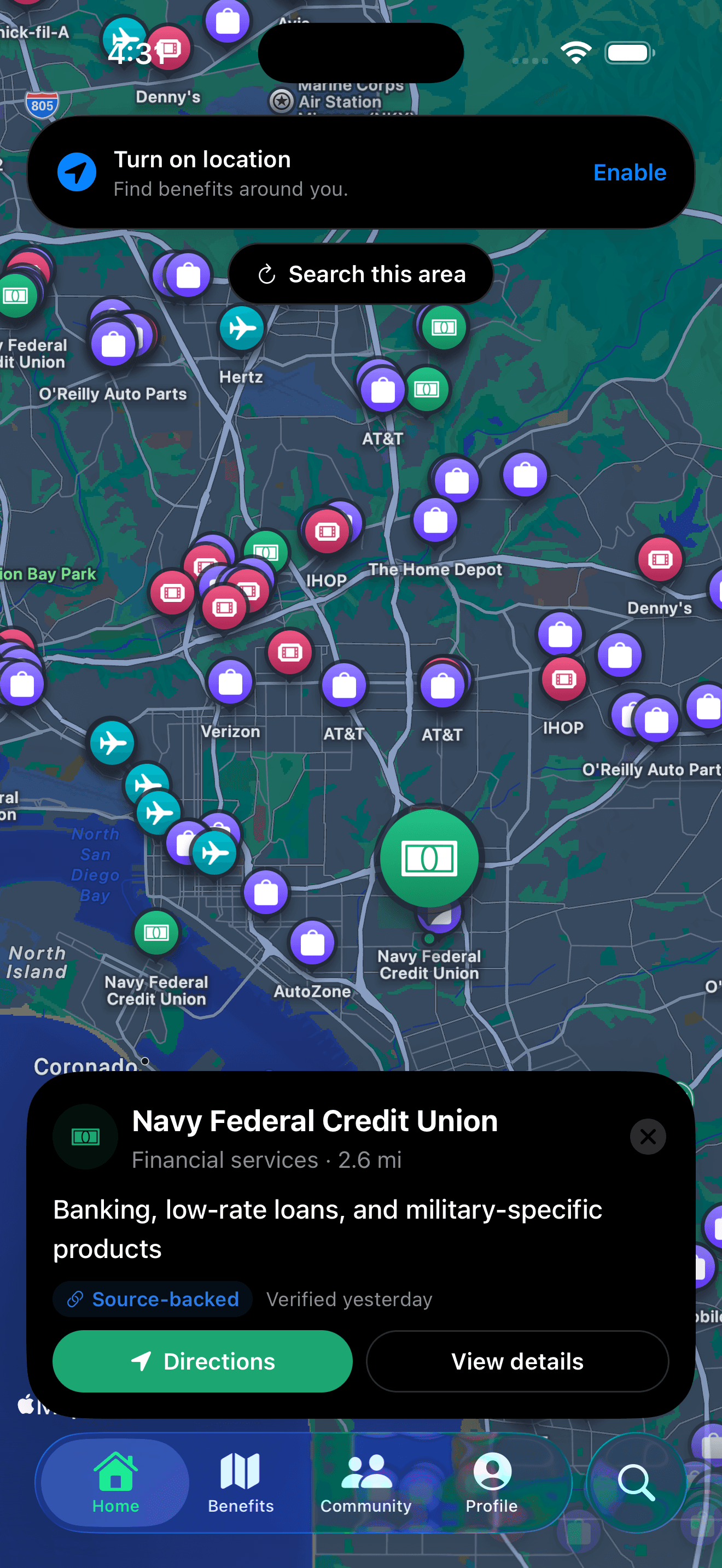 Zoomed-in map view of nearby benefits